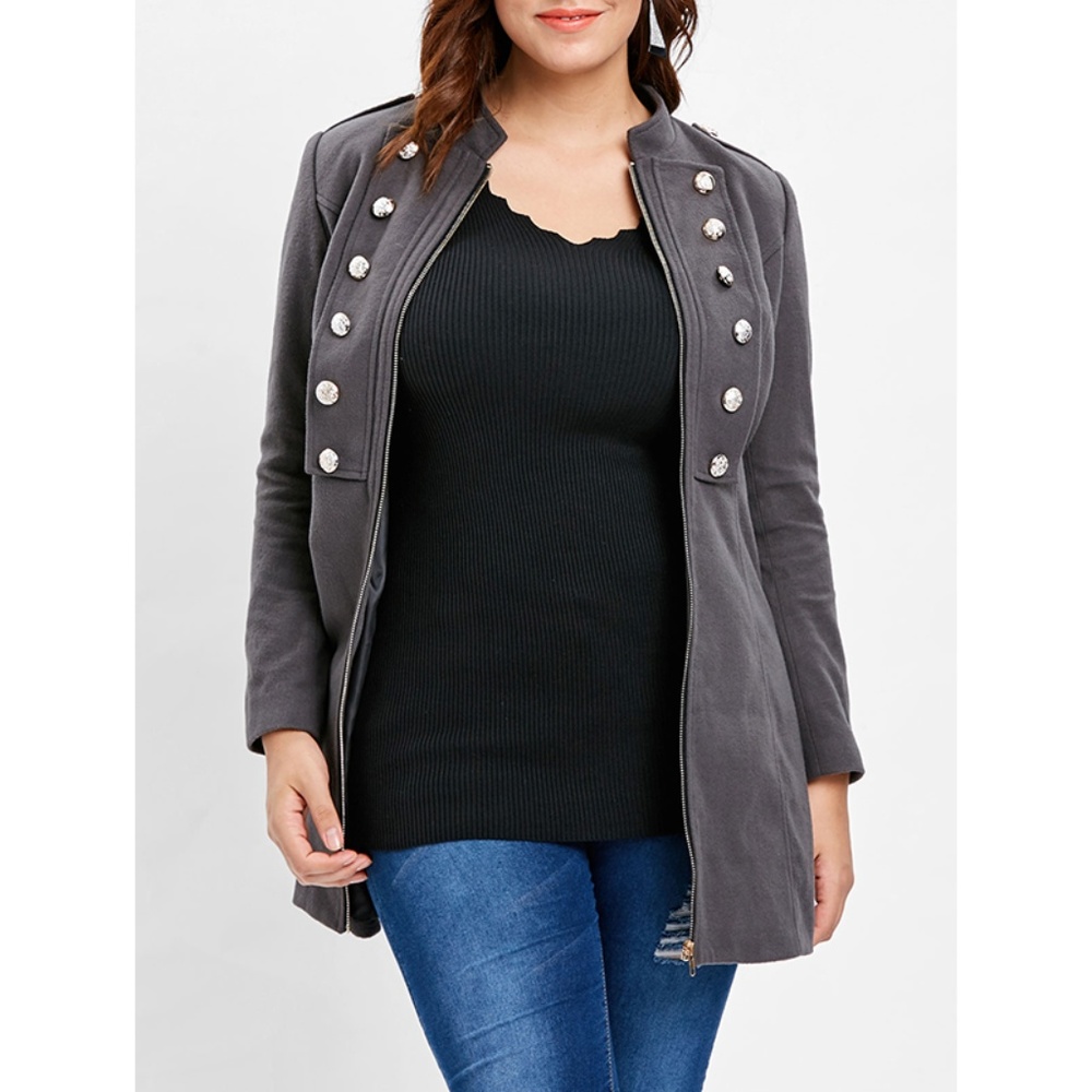 ♠ Dark Gray Plus Size Button Detail Zip Jacket  ♠